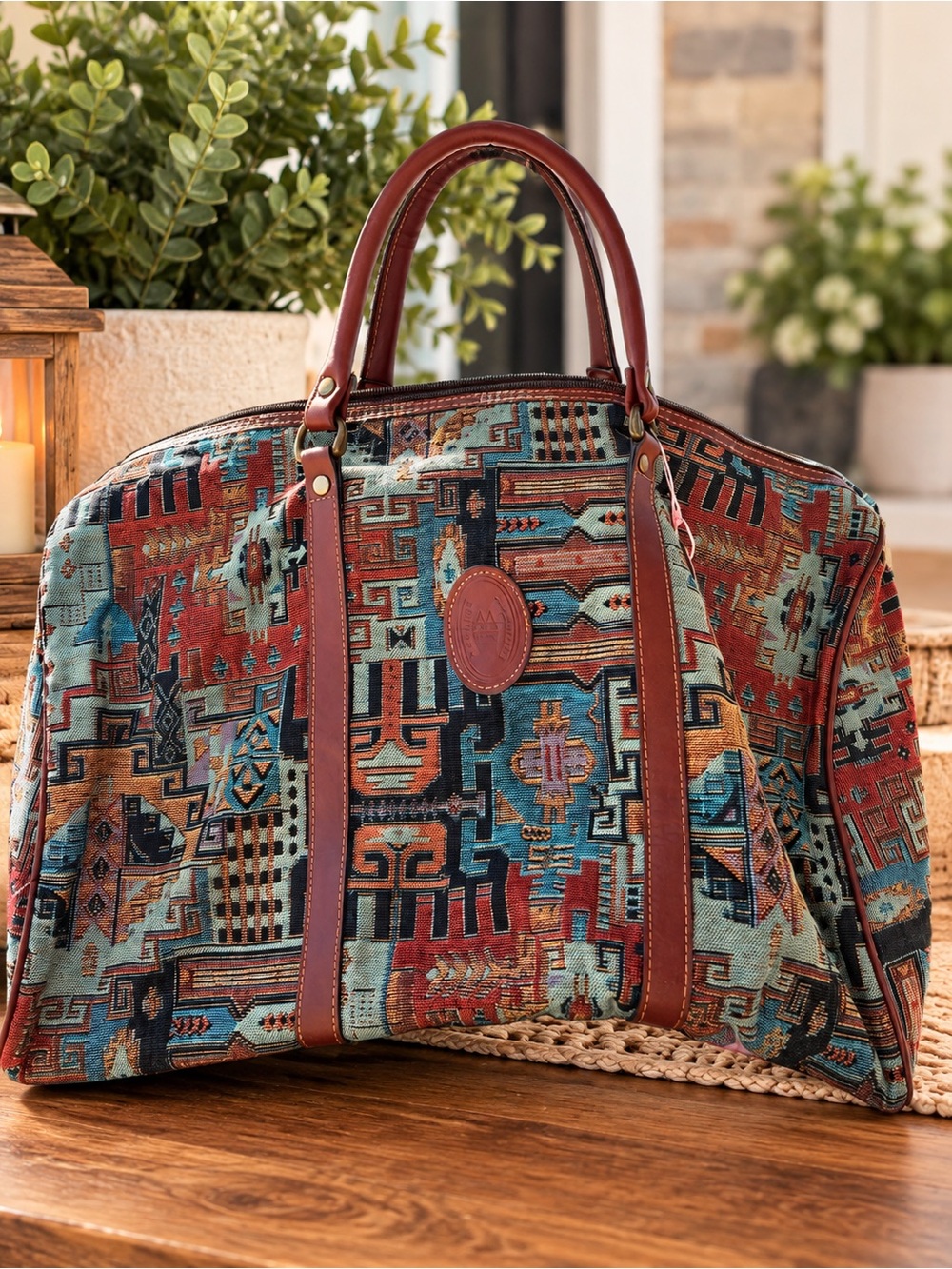 Southwestern Pattern Weekender Travel Bag with Brown Leather Trim